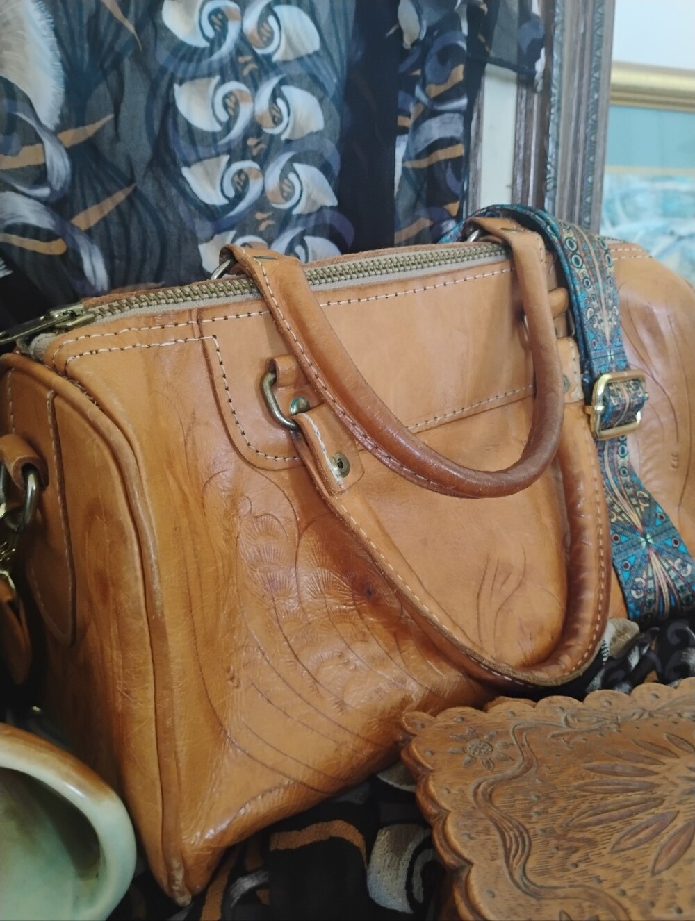 Vintage Boho Leather Hand Embossed Bag, New Adjustable Strap